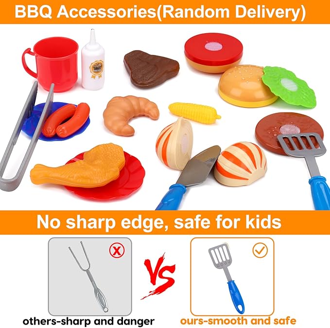 Kids Grill Playset Kitchen Toys with Apron Hat for Cooking Food Smoke Light Outdoor Pretend Play Accessories BBQ Outside Camping Barbecue Toddler Boy Toy 3 4 5 Year Old 4-8 Birthday Gift Valentine