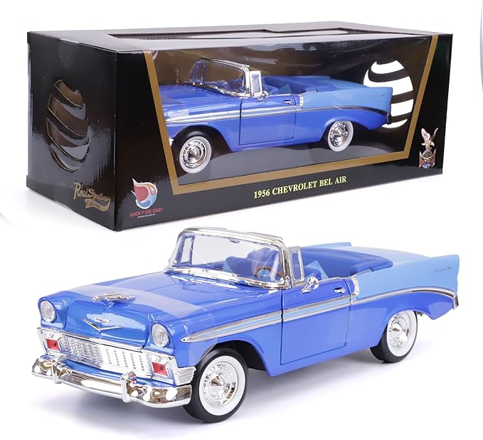 1956 Chevrolet Bel Air 1/18 Scale Die-Cast Metal Model Premium Classic Vintage Alloy Cars with Display Case, with Opening Doors, Best Gift for Men, Dad 14+ Years (Blue)