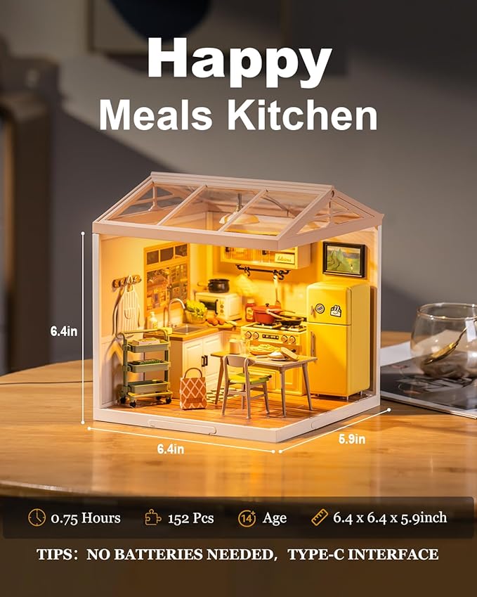 Rowood Miniature Kitchen Building House Kit Set with LED, DIY Plastic Mini Accessories Kit to Build Playset for Kids Adults, Easy and Lovely Craft Kits Gifts on Birthday Christmas-Happy Meals Kitchen