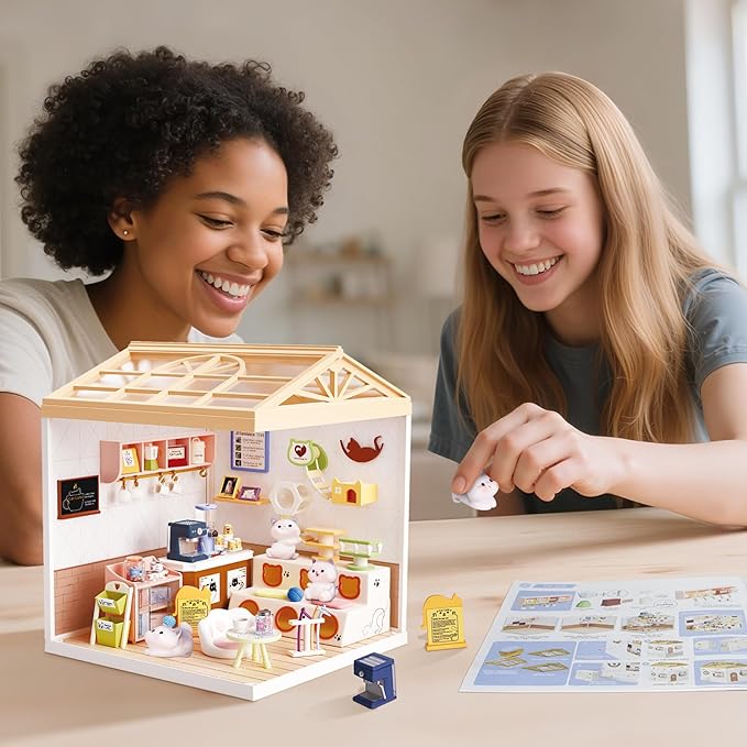 DIY Miniature House Kit with LED Lights, Whimsical Cat Cafe Miniature Kit with Roof & Dust Covers for Teens, DIY Coffee Shop with Cats & Furniture, Creative Christmas Decoration Gift Idea