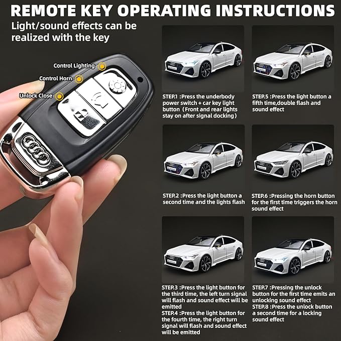 Model Car Kits for Adult 1/18 Diecast Cars Compatible with Audi RS7 Sportback Car Collection,Remote Control Key Version Metal Toy Cars with Lights and Sounds,Toy Cars for Boys Age 4-7（White）