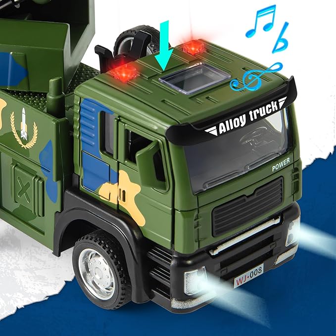 Army Truck Toy with 6 Missiles, Pull Back Military Truck Playset with Light & Sound, Simulated Combat Vehicle Model Toy Gift for Boys Ages 3-6 Years