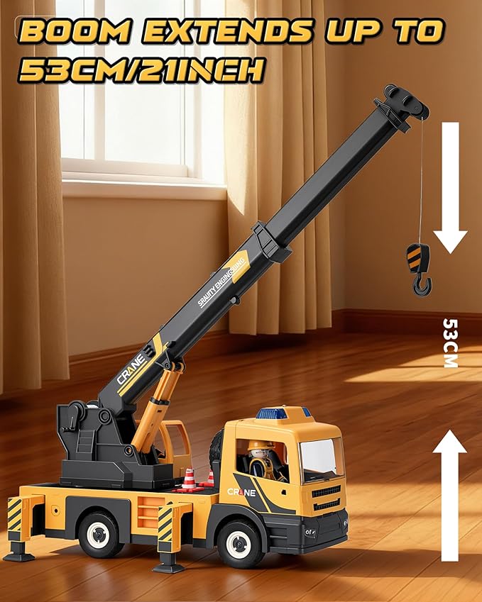 Large Crane Truck Toy with Extendable Crane Arm, Lights & Siren Sounds, Assemble Truck Engineering Vehicle Toy for Boys Girls 3+, Christmas Birthday Gift