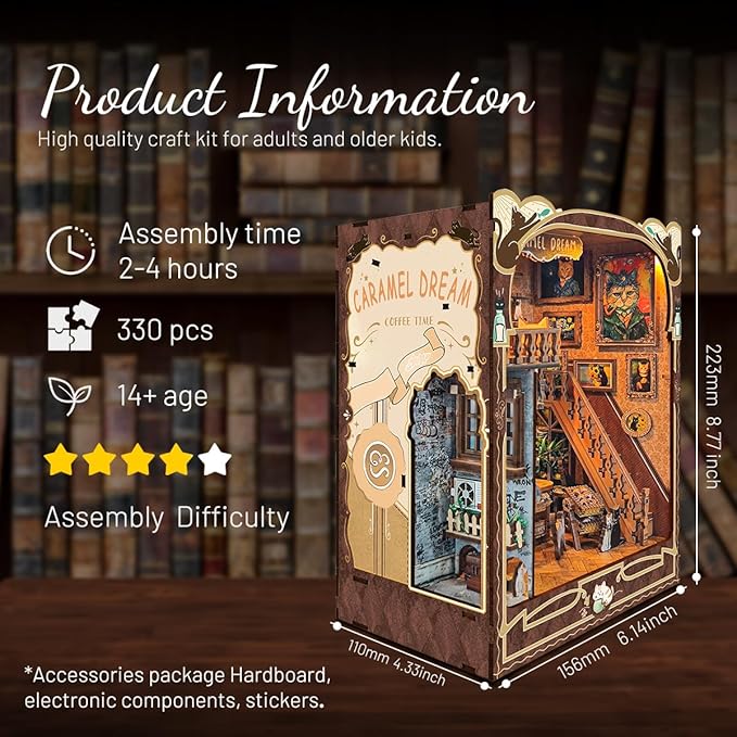 Book Nook Kit-DIY Dollhouse Kit Wooden Miniature Studio with Dust Cover Bookshelf Decor 3D Puzzle Book Nooks for Adults to Build Gift (Caramel Dreams)
