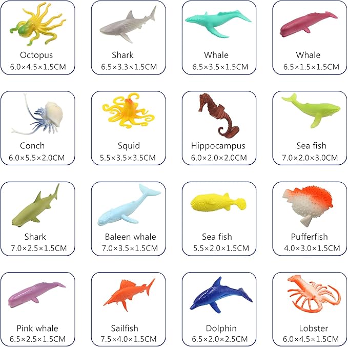 Pinowu Ocean Sea Animal Figurines (50pcs), Assorted Mini Vinyl Rubber Animal Toy Set, Realistic Sea Creature Bath Toy for Child Party Favors Gift, Cupcake Topper, Education, Sensory Bin Filler