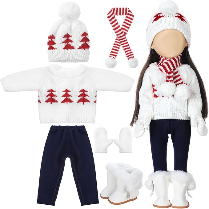 Bencailor 6 Pcs Winter 18 Inch Doll Clothes and Accessories Winter Outfits Set Sweaters Trousers Hats Shoes for 18 Inch Doll Gifts(Red White,Vintage)