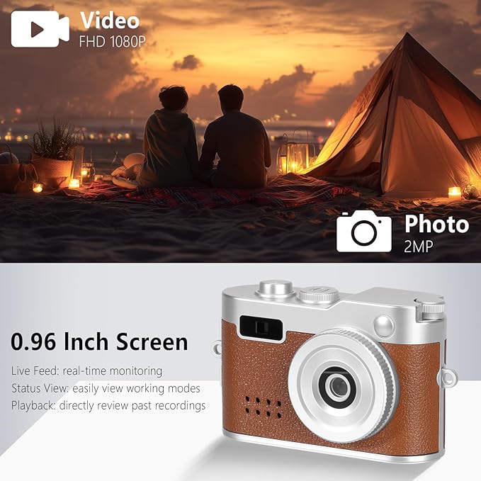 Mini Keychain Camera, FHD 1080p Mini Digital Camera with 32GB SD Card, 0.96" HD Display, 100 Mins Battery Life for Travel Recording Birthday Gifts (Vintage, Brown)