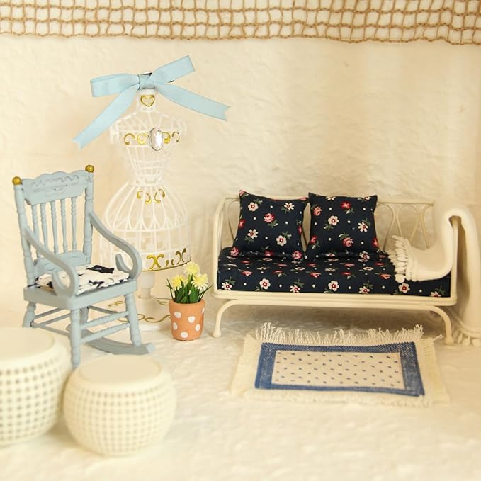 Doll House Sofa Set; Iron Frame Miniature Living Room Furniture; Detachable Washable Fabric Cushions for Creative Room Decoration.