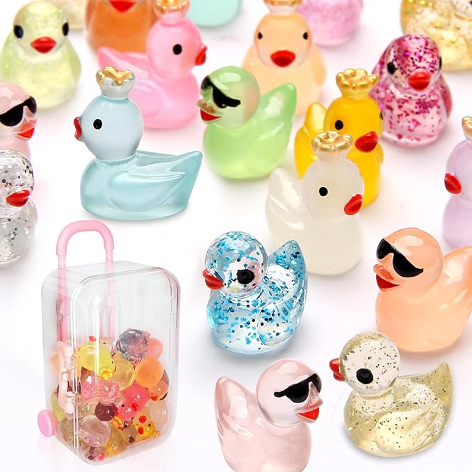 25pcs Mini Resin Ducks with Mini Suitcase, 12pcs Glitter &13pcs Luminous Tiny Duck Resin Animals for Fairy Garden Accessories, Dollhouse, Landscape, Succulents Decor, DIY Craft