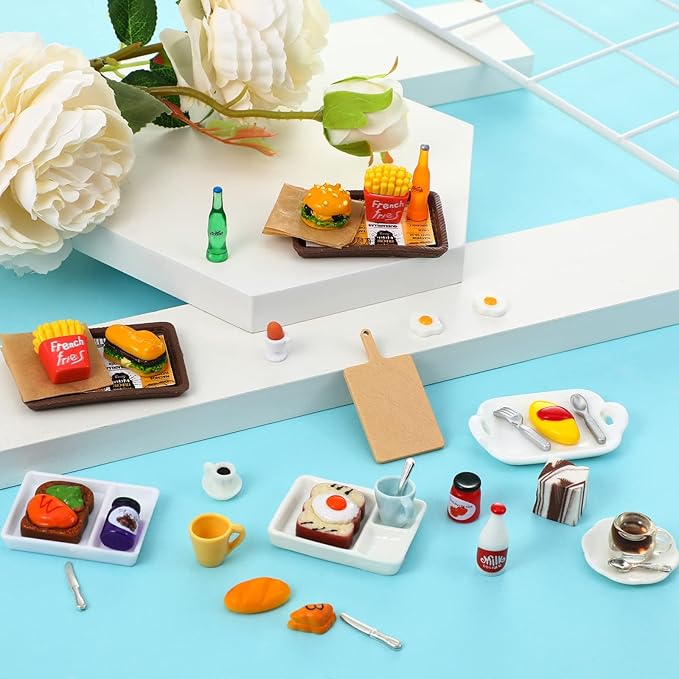 38 Pcs Miniature Food Toy Miniature Doll House Accessories Miniatures Play Sets Small Doll Food Dollhouse Foods, Hamburger Fries Soda Milk Juice Fast Foods Set for Pretend Kitchen(Fresh Style)
