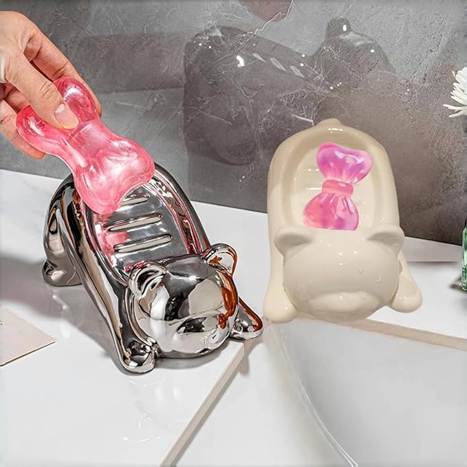 Ceramic Bear Soap Tray with Drain, Soap Dish Container, Dish Soap Tray, Multipurpose Holder for Shower, Bathroom, Kitchen & Counter jabonera para baño (Beige)
