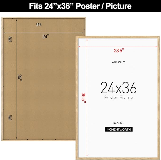 Momentworth Minimalist 24x36 Poster Frame Set of 3, Solid Oak Wood 24x36 Frame for Wall Mount - Wall Decor for Home, Office & Galley (3 Pack,Oak)