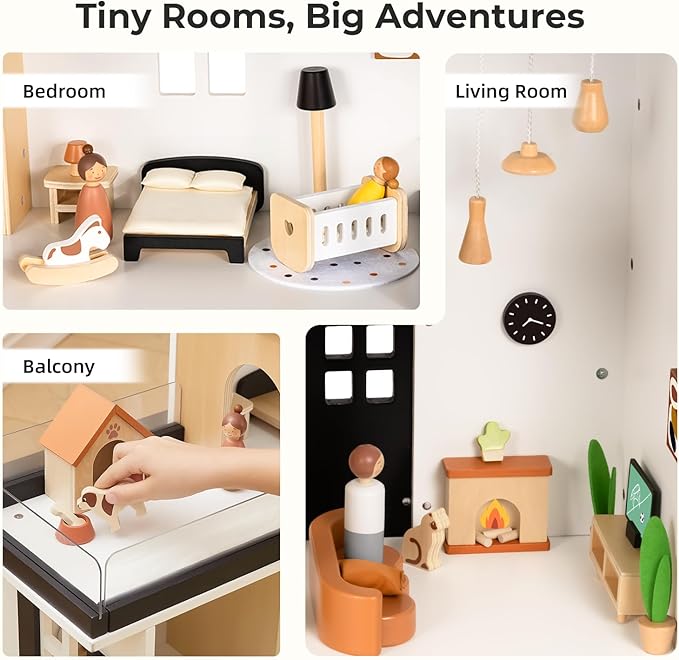 OOOK Wooden Dollhouse, Modern Doll House with 66Pcs Luxurious Furniture Accessories, Including Dolls and Pet Sets, Wood Dollhouse Toy for Boys and Girls 3+
