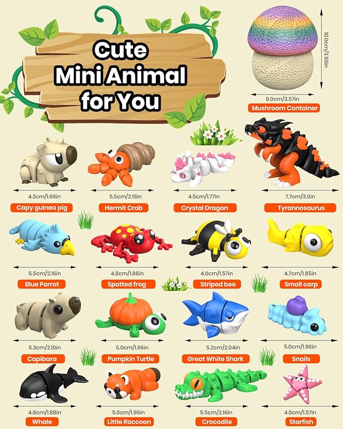 17PCS 3D Printed Animal Figurines Set with Mushroom Container - 16 Unique Articulated Animals, Fidget Toys for Stress Relief, Party Favors, Desk Decor & Gifts for Kids & Adults (17PCS Colour)