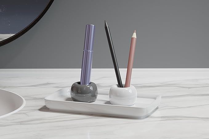 ELIKAI Ceramic Toothbrush Holder Set with Tray, Countertop Organizer for Bathroom, Storage Solution for Toothbrushes, Bathroom Accessories - (Grey & White) – 2 Pack