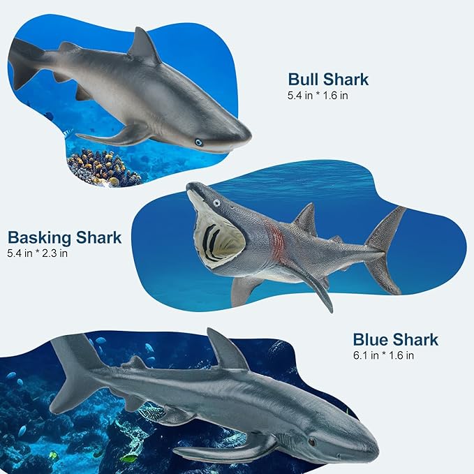 6PCS 5-7"L Realistic Shark Bath Toy for Kids, Plastic Sea Ocean Animals Figures Toys for Toddlers Includes Great White Shark Figurines Cake Toppers Birthday Party Favors & Gifts for Boy Girl