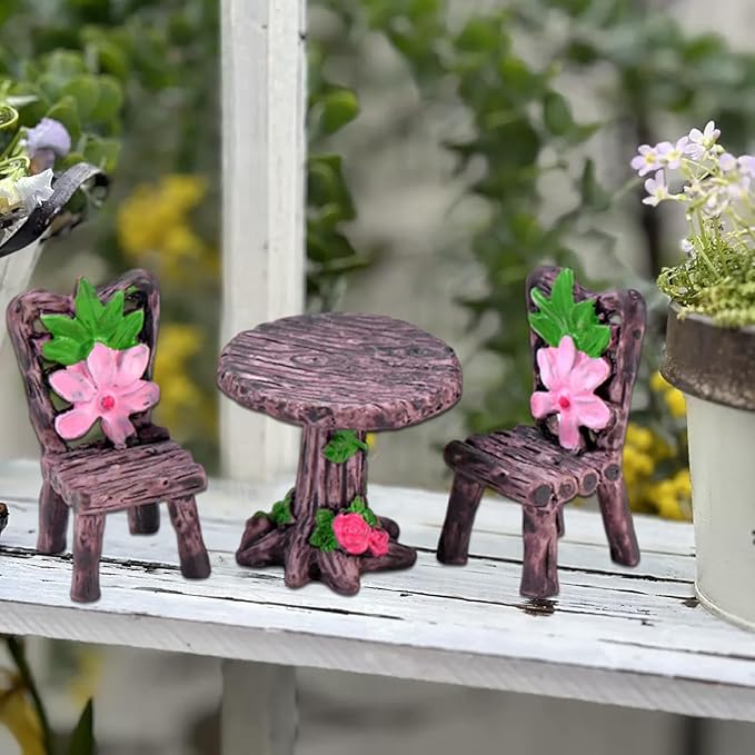 3 Pcs Miniature Round Table and Chairs Set - Outdoor Pastoral Style Fairy Garden Furniture Ornaments, Vintage Resin Bench & Chair Kit for Dollhouse Accessories, Micro Landscape & Home Decorations