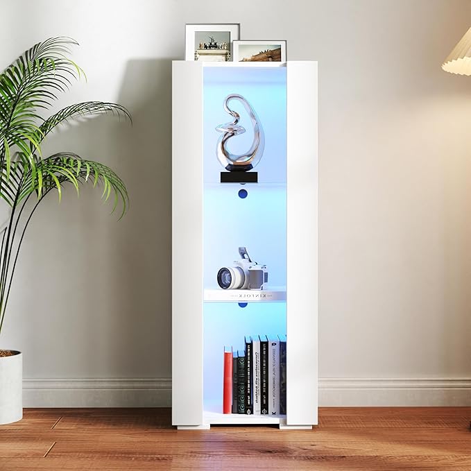 Pvillez 39" LED Display Cabinet with 3 Glass Shelves & 1 Door, Modern Wall-Mounted Curio Cabinet Display Case Storage Cabinet, High Gloss Floor Standing Bookshelf for Living Room Bedroom (White)