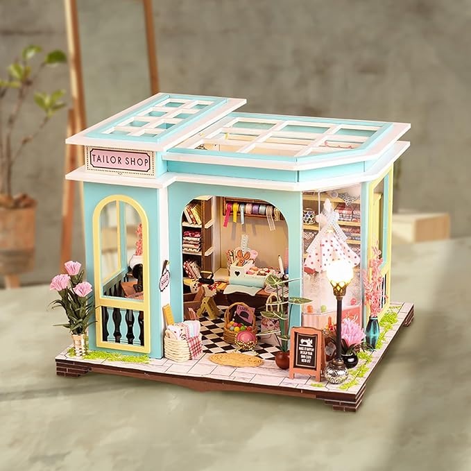 DIY Miniature House Kit, Dollhouse Kit with LED Light, Mini House Building Kits for for Adult to Building, Christmas Home Decorations Gifts for Family and Friends, Tailor's Store