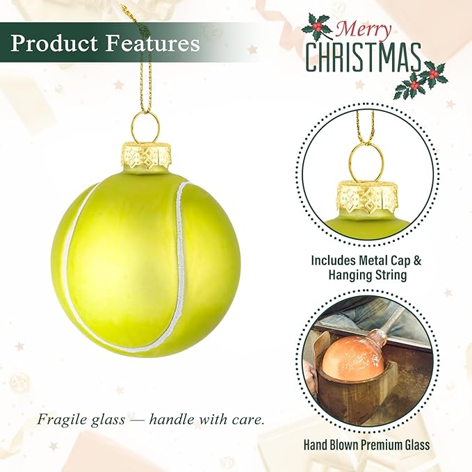 2.36” Christmas Tennis Ball Glass Blown Ornament, 2025 Hand-Painted Small Mini Sports Ball Decoration for Boys and Girls, Xmas Tree Holiday Decor Kids Themed Party Gifts