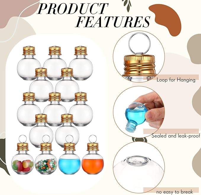 Bokon 50 Pack 1oz Mini Plastic Potion Bottles with Lids, Small Sand Art Bottles Ball Shaped Jar Tiny Clear Wishing Vial for Birthday Christmas Ornaments Halloween Party Decoration DIY Craft (Gold)