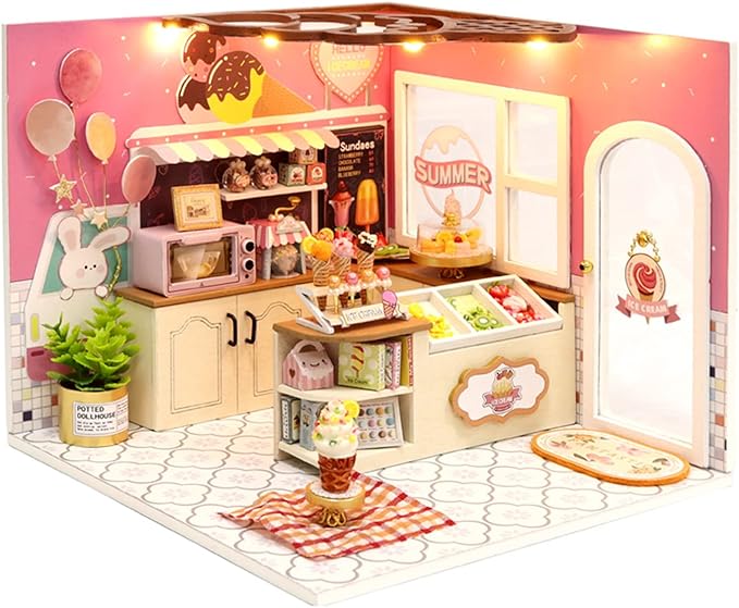 Flever DIY Miniature House Kit, Tiny Home Kit with LED Light, Mini House Build Craft Kits for Adults and Teens, Home Decor Creative Gift for Family/Friends (Happiness ice Cream Shop)