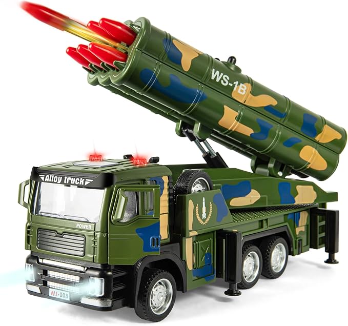 Army Truck Toy with 6 Missiles, Pull Back Military Truck Playset with Light & Sound, Simulated Combat Vehicle Model Toy Gift for Boys Ages 3-6 Years