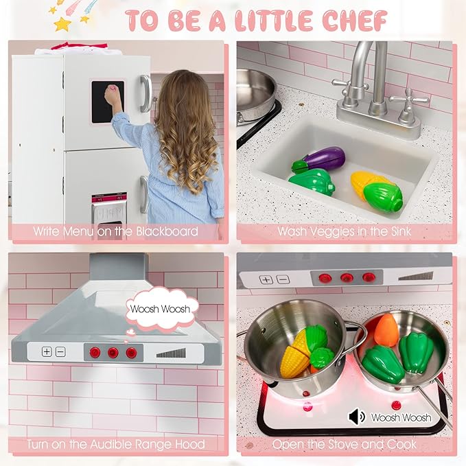 Costzon Kids Corner Play Kitchen, Wooden Pretend Play Kitchen w/Realistic Light & Sound, Washing Machine, Microwave, Ice Maker, Oven & Stove, Little Chef Pretend Toy Kitchen for Boys & Girls