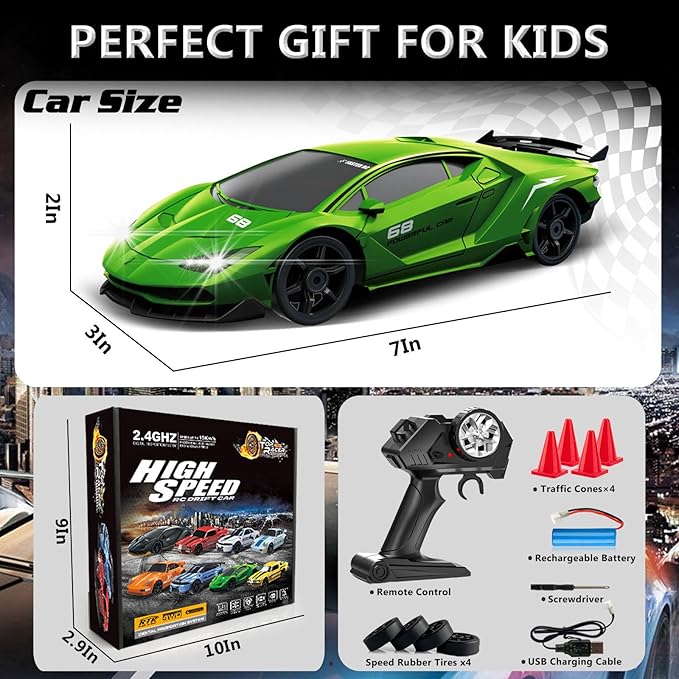 RC Drift Car 1:24 Remote Control Car 4WD 15KM/H High Speed Racing Sport Car with LED Lights RC Cars Toy for Kids Boys Girls Adults Gifts Birthday Christmas Rechargeable Batteries