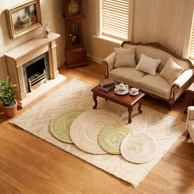 8Pcs 12 and 7.5 Inch Dollhouse Diameter Miniature Weaving Round and Square Rug Miniature Carpets for Mini House Decor
