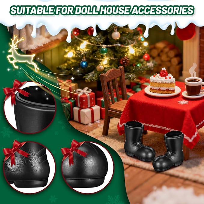 Milisten 50pcs Miniature Santa Boots, Mini Christmas Santa Claus Shoes, Tiny Black Boots for Dollhouse Decoration DIY Craft Projects Dollhouse Holiday Decor