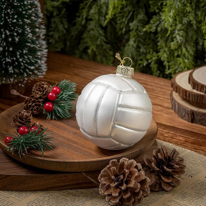 3.15” Christmas Volleyball Glass Blown Ornament, 2025 Hand-Painted Small Mini Sports Ball Decoration for Boys and Girls, Xmas Tree Holiday Decor Kids Themed Party Gifts