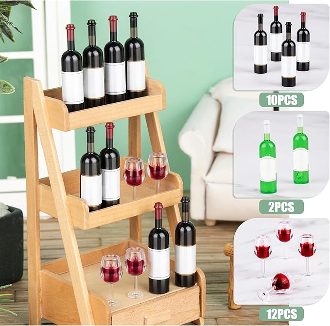 48Pcs Mini Wine Bottles, 1:12 Scale Miniature Red Wine Bottle, Dollhouse Miniature Bottles, Mini Cocktail Glasses Drink Cups for Dollhouse Kitchen Decoration Accessories