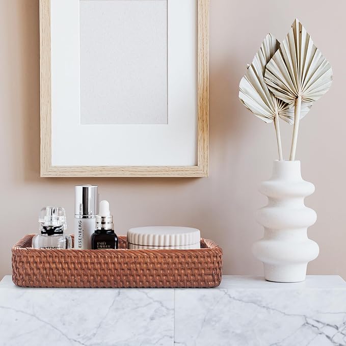 Rattan Bathroom Vanity Trays Toilet Tank Baskets Long Narrow Hand Towel Storage Basket for Storage, Decorative (Honey Brown 10.2 x 4.9 x 1.6 inch)