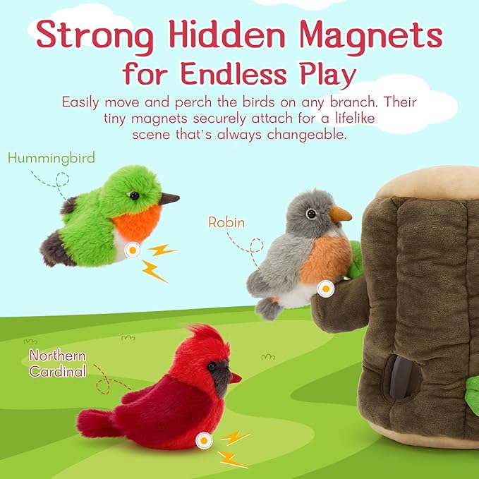5Pcs Bulk Bird Stuffed Animal Set, Tree House Plush with 3 Small Bird Plushies(Robin, Hummingbird, Northern Cardinal) & 1 Egg, Magnetic Stuffed Tree Toys for Kids,Birders