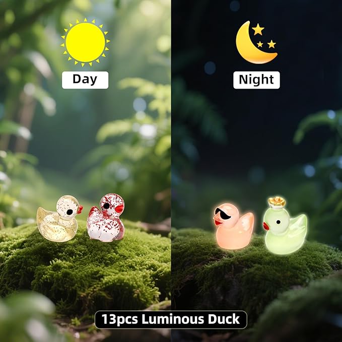 25pcs Mini Resin Ducks with Mini Suitcase, 12pcs Glitter &13pcs Luminous Tiny Duck Resin Animals for Fairy Garden Accessories, Dollhouse, Landscape, Succulents Decor, DIY Craft