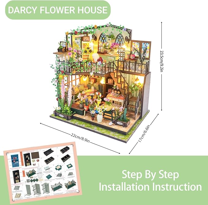 DIY Miniature House Kit, Fairy Dollhouse for Adults to Bulid,Tiny Home Making Kit with Wooden Furniture and LED, Halloween Decoration for Family and Friends (Darcy Flower House)