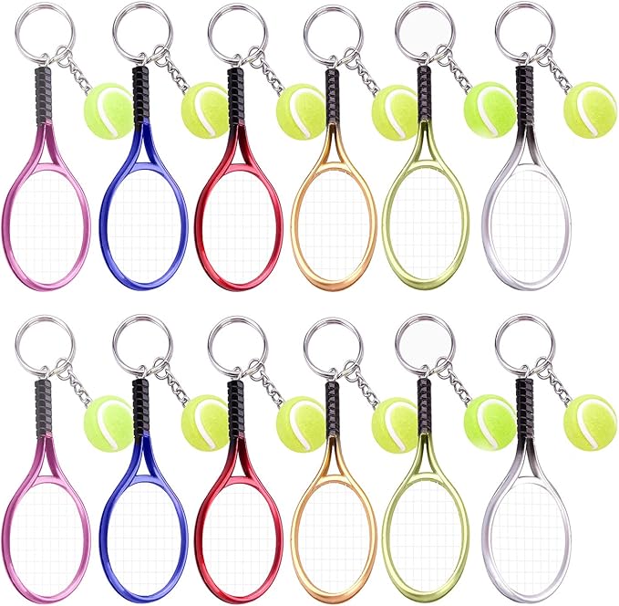Ancefine 12 Pieces Mini Tennis Racket Keychains Key Ring Alloy Tennis Ball Split Ring Accessories for Sport Team Gifts,6 Color