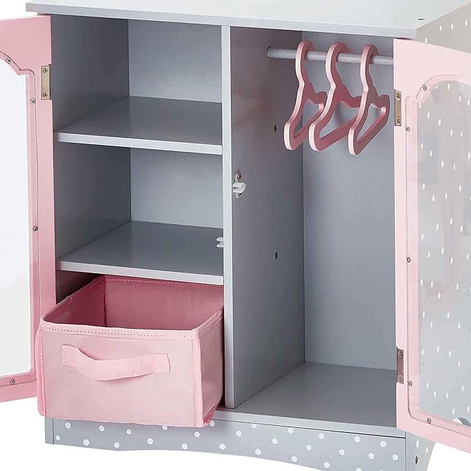Olivia's Little World Polka Dot Princess Wooden Shaker-Style Double Closet for 18" Doll Wardrobes with Windowed Doors, Three Shelves, Hanging Space with Hangers, Gray/Pink