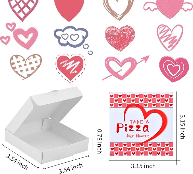 50 Pcs Mini Pizza Box Valentine Square Cardboard Mini Pizza Box with Valentine Sticker for Celebrations Party Favors Christmas Birthdays Valentines Day Weddings（3.54 x 3.54 x 0.78 inches)）