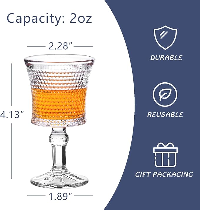 Jaepsing Shot Glasses, 2oz Etching Patterns Glasses Set of 6, Fancy Shot Glasses/Great for White and Red Wine/Mini Wine Glass Clear/Tasting Glasses/Cute