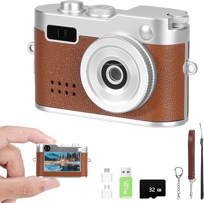 Mini Keychain Camera, FHD 1080p Mini Digital Camera with 32GB SD Card, 0.96" HD Display, 100 Mins Battery Life for Travel Recording Birthday Gifts (Vintage, Brown)