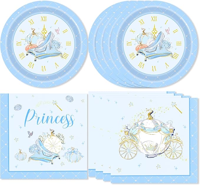 Cihuyuxia 40pcs Princess Birthday Party Supplies Pumpkin Crystal High Heels Plates and Napkins for Girls Princess Party Supplies,Suitable for 20 Guests