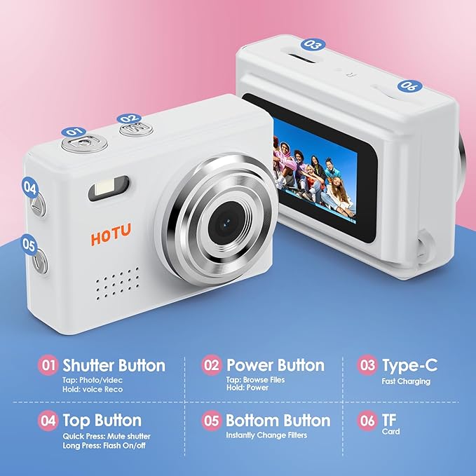 HOTU Mini Keychain Camera, Y2K Portable Mini Digital Camera, 2MP 1080P Video Recording Small Camera with 32GB Card for Kids, Long Battery Life for Travel, Vlog, White