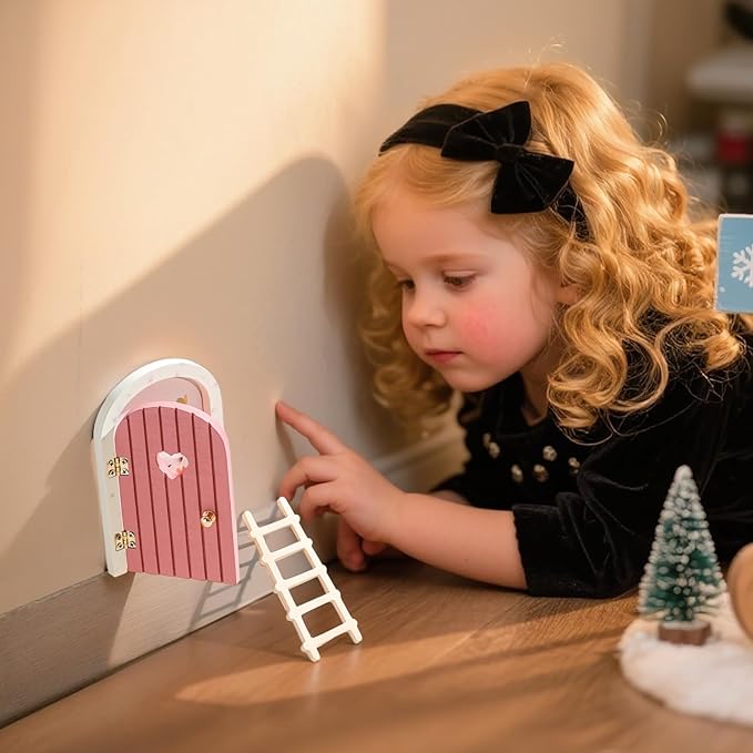 Christmas Mamimami Home Pink Wooden Magical Fairy Doors, 13cm 5.12 inch Elf Mouse Miniature Tiny Door Desk Fairy with Ladder, Tooth Fairy Door Handmade Decorations Gifts