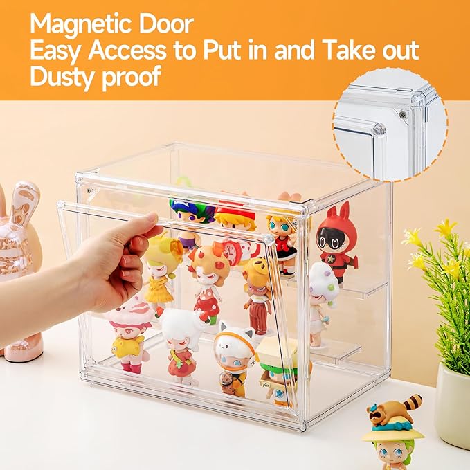2 Pack Acrylic Display Cases for Collectibles, Clear Display Case for Figures, 3 Tier Display Shelf Boxes Miniature Display Case, Dustproof and Stackable Action Figure Display Cases (2, Small)