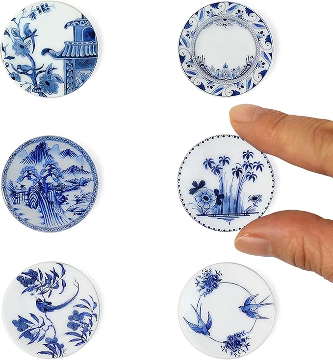 6PCS Handcrafted Miniature Ceramic Plates in 1:12 or 1:6 Scale, Vintage Porcelain Playhouse Dishes (Blue-White C, 3CM)