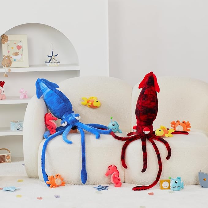 5Pcs Giant Squid Stuffed Animal with 4 Sea Animal Plush Toy, Clownfish Crab Seahorse Angler Fish Baby Stuffed, 41.3" Squid Plush for Boys Girls Kids, Ocean Theme Party Decor