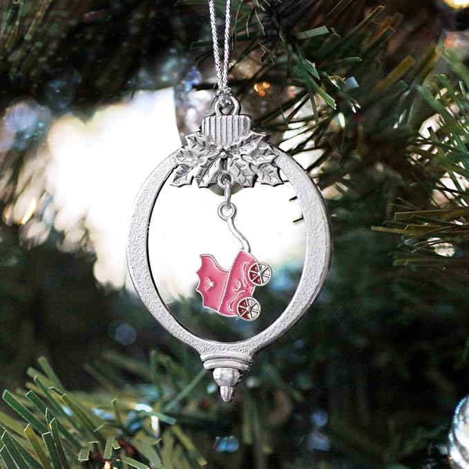 Inspired Silver - Pink Stroller - Silver Christmas Ornament - Unique Charm Christmas Tree Ornament - Holiday Hanging Decoration