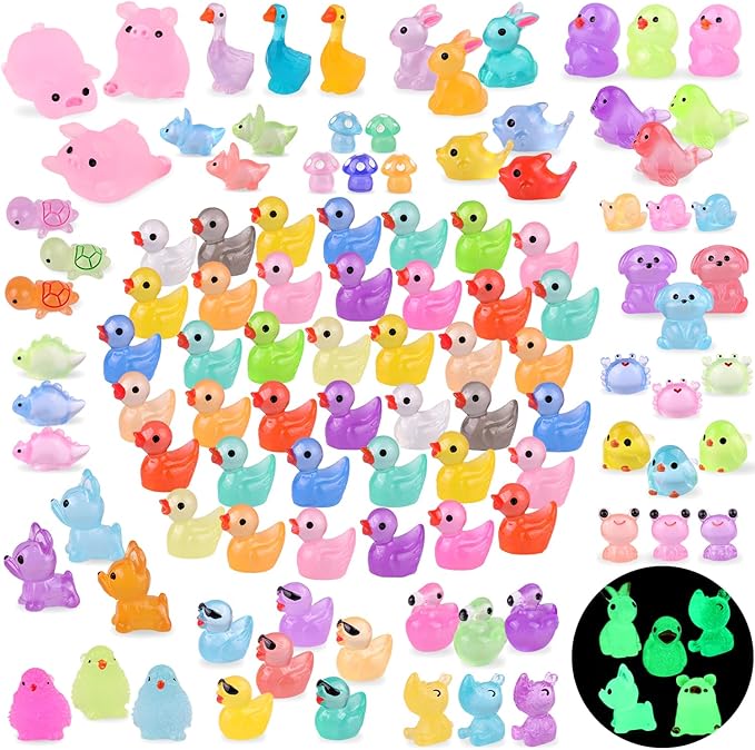 105PCS Mini Resin Animals Tiny Cute Figurines Glow in Dark, Miniature Figures to Hide, Little Animal Small Accessories for Topper Desk Garden Dollhouse Landscape Aquarium Ornaments Crafts & Decor